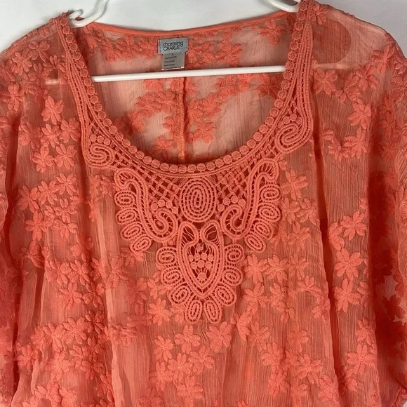 Charming Charlie gauzy lacy batwing peplum sheer top Sz L in orange - Picture 4 of 10